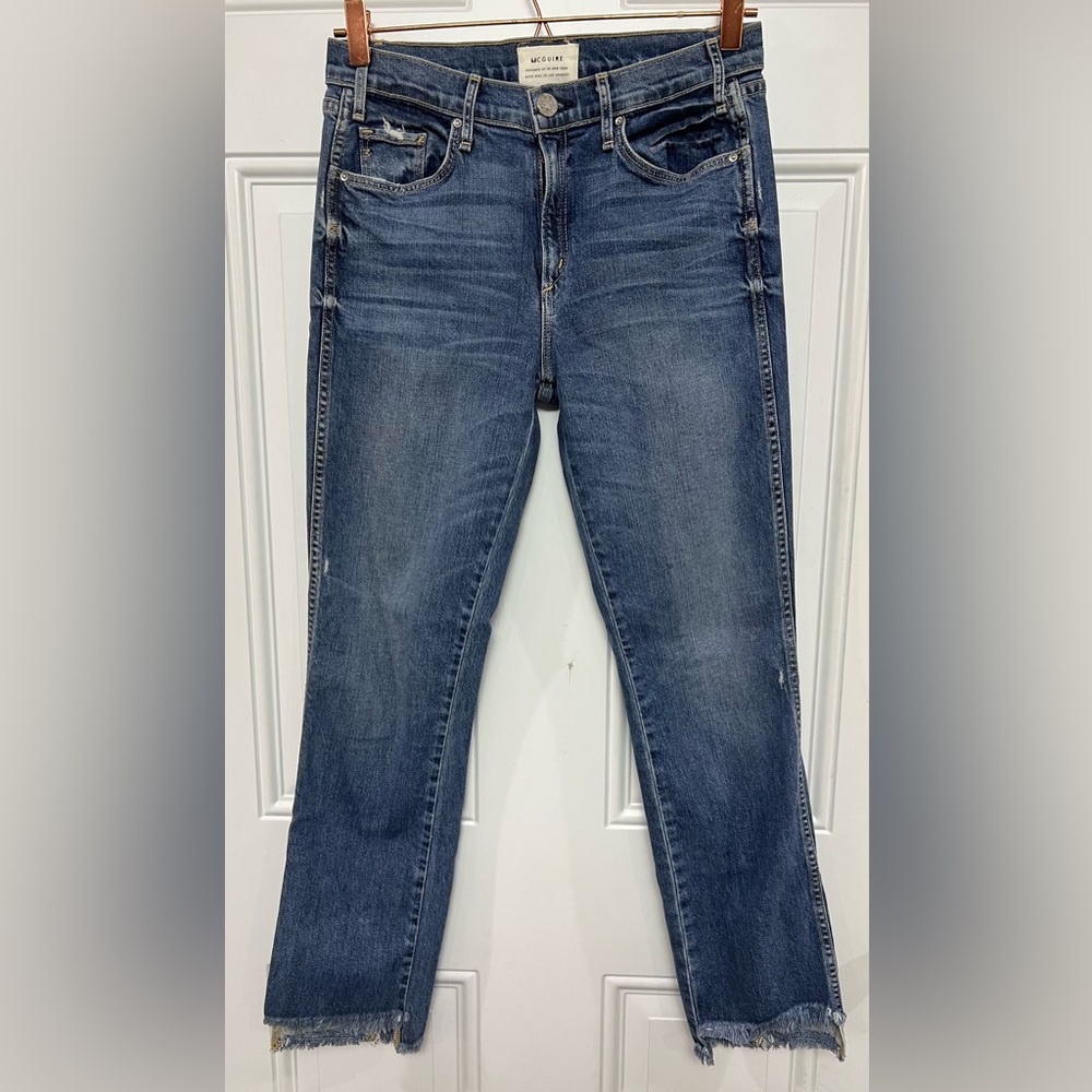 McGuire Womens Blue Denim Slim Straight Jeans Raw Frayed Hem Distressed Size28